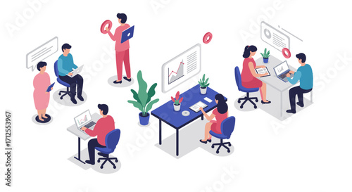Collaborative office environment with isometric design and digital devices