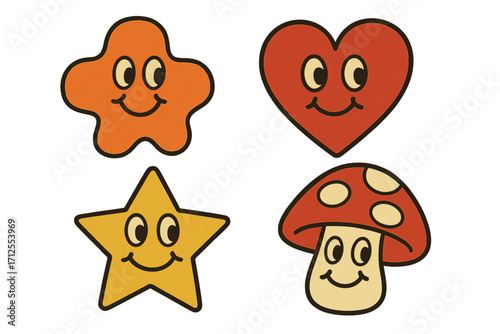 Retro groovy character set with funny comic faces. 70s cartoon mascots collection with heart, star, mushroom. Cute vintage vector illustration for stickers and badges.