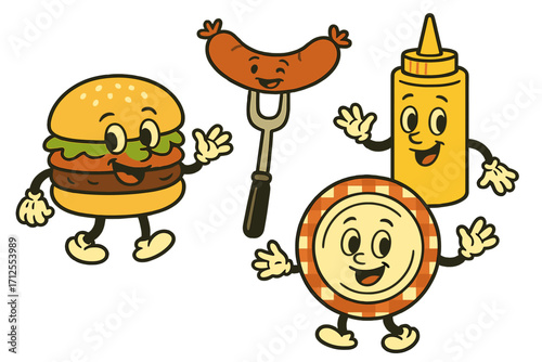 Burger, sausage, and mustard characters celebrate together in a playful cartoon scene