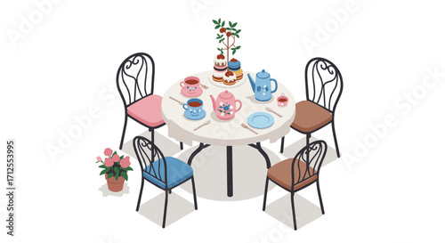 Charming isometric tea party setup with elegant tableware and cozy chairs