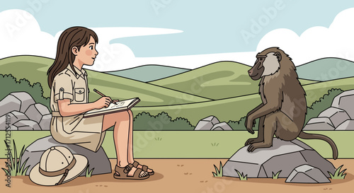 Girl Drawing Baboon In Nature, A Peaceful Scene Of Art And Natural Exploration