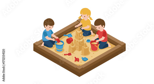 Children playing in sandbox building sandcastles isometric illustration