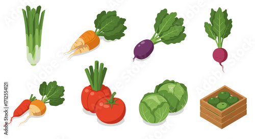 Isometric fresh vegetables with leeks, carrots, beets, tomatoes, cabbages, and apples