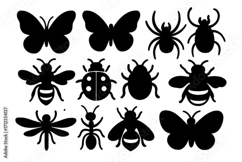 Insect silhouette vector icon set. Collection of simple black bug shapes. Includes butterfly, spider, bee, ant, ladybug, dragonfly, and beetle. Minimalist flat design animal icons.