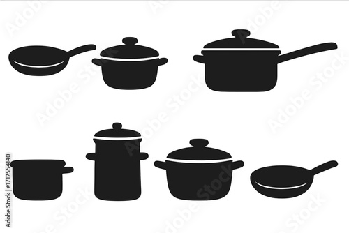 Set of silhouette cooking pans and pots icons for kitchen design. Vector cartoon illustration of cookware collection. Frying pan, saucepan, and casserole utensil symbols.