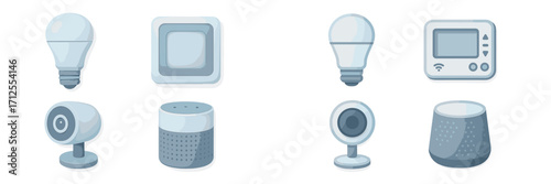 Various smart home devices displayed in a minimalistic design on a light background for modern living