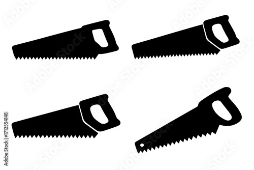 Hand saw silhouette icon set. Vector collection of four different saw shapes for carpentry, woodworking, or construction projects. Black tool icons isolated on white background.