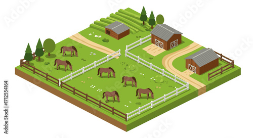 Isometric farm scene with horses grazing in a pasture