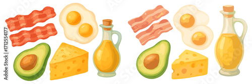 Breakfast spread with eggs, bacon, cheese, avocado, and olive oil on a clean white background