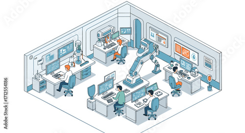 Futuristic office workspace with robotics and ai in isometric design