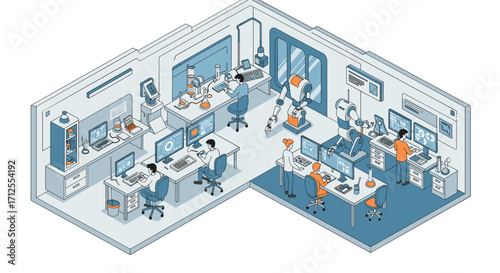 Innovative isometric office space with futuristic technology and robotics in blue and orange tones