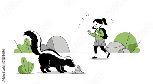 Girl Encountering A Skunk In An Artistic, Minimalist Illustration On The Trail