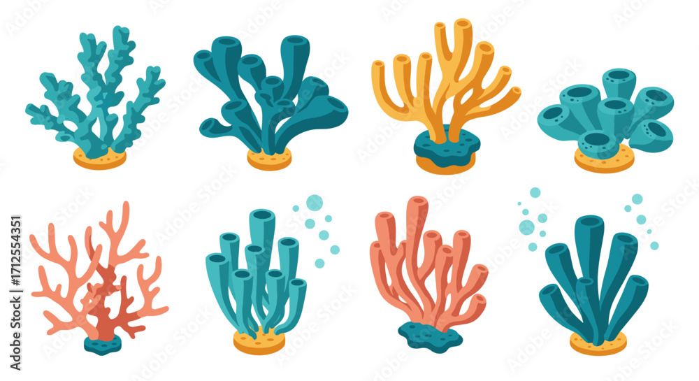 Fototapeta premium Colorful isometric coral collection: detailed marine life examples perfect for ocean-themed designs