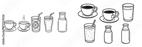 Various types of beverages served in cups and glasses with some iced options displayed on a table