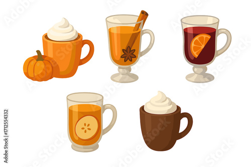 Variety of autumn-themed beverages with seasonal flavors in colorful mugs