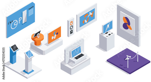 Interactive display exhibits and digital kiosks in isometric art style