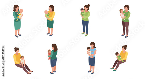 Isometric mothers holding babies in various poses on white background