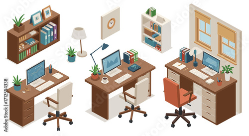 Modern office workspace in isometric style with desks, computers, and bookshelves