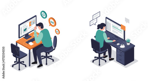 Office worker burnout and productivity in isometric workspace scenes