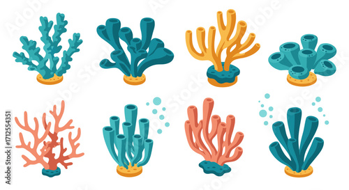 Colorful isometric coral collection: detailed marine life examples perfect for ocean-themed designs