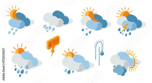 Isometric weather icons collection featuring sun, clouds, and storm variants