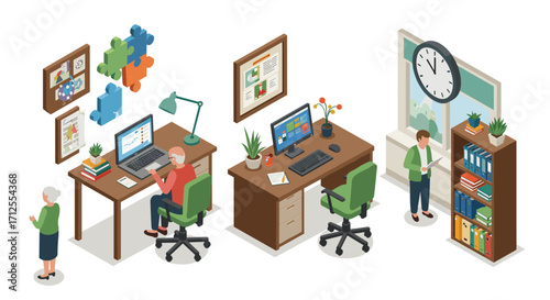Isometric office workspace with desk and employees in bright modern design