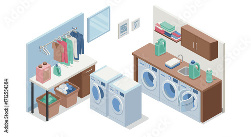 Modern isometric laundry room with appliances, clothing, and supplies