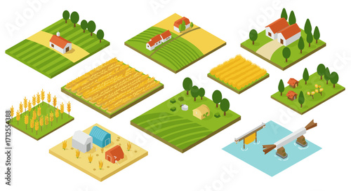 Isometric farm plots with buildings, crops, and irrigation system in vibrant colors