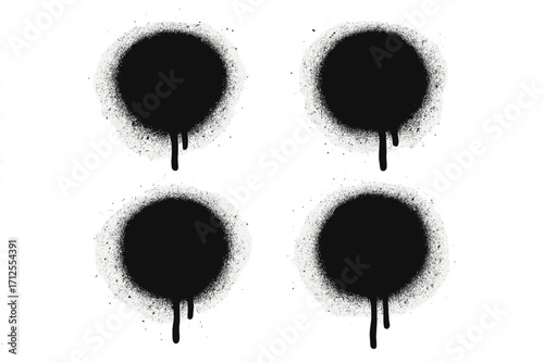 Spray paint dot set. Splatter painted drip circle texture. Grunge graffiti art elements. Dirty sprayed paint abstract vector illustration. Street art design shapes isolated.