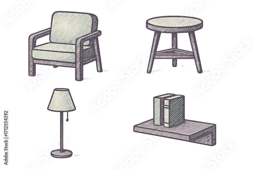 Various home furniture items including an armchair, table, lamp, and shelf neatly arranged in a simple design