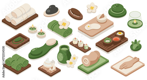 Relaxing spa treatment elements in isometric design with natural colors