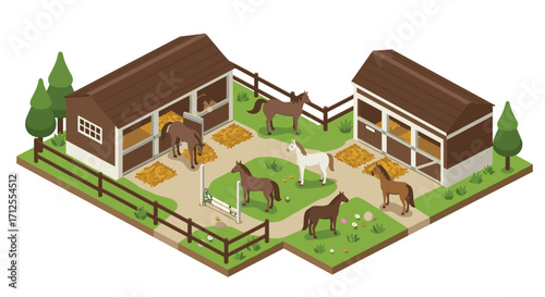 Isometric horse farm scene with barns and pastures in a rural landscape