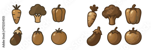 Various cartoon vegetables arranged in simple illustrations for educational purposes showcasing healthy food choices and nutrition