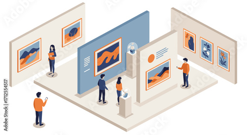 Contemporary art gallery with visitors exploring modern exhibits in an isometric space