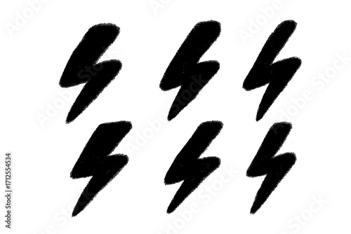 Set of lightning bolt symbols with spray paint texture. Hand-drawn graffiti style thunder icons. Grunge punk rock vector illustration. Creative bold shapes for design elements.