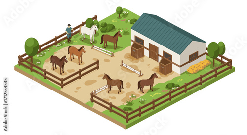 Isometric horse farm scene with barn, fences, horses, and trees in a lush green landscape