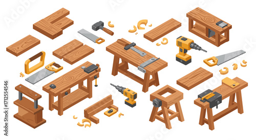 Isometric woodworking tools and workbenches on a white background