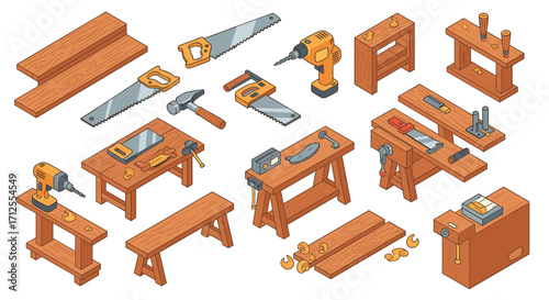 Isometric tools and workbenches for woodworking projects in a workshop setting