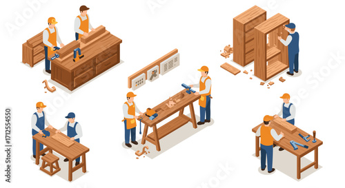 Isometric workshop scene with woodworkers assembling furniture pieces