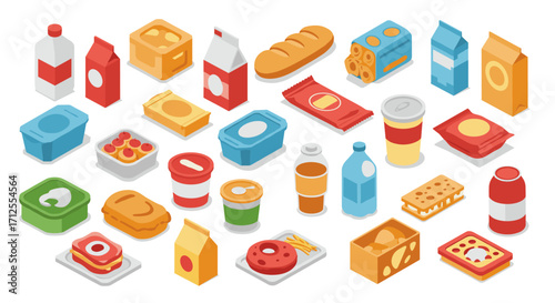 Colorful isometric food packaging icons for modern grocery shopping designs