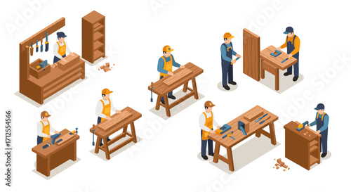 Isometric workshop scene with carpenters crafting wooden furniture and tools