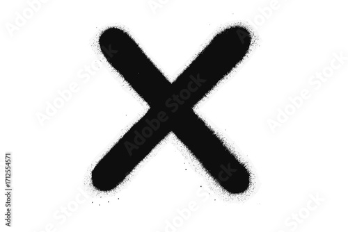 Graffiti X mark spray paint. Stencil cross symbol. Grunge textured street art element. Black aerosol paint splatter shape. Urban punk rock sign. Isolated vector illustration.