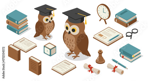 Academic owls and graduation elements in isometric style