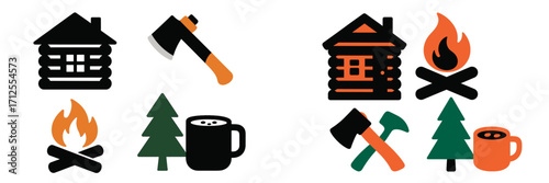 Charming icons representing cabin life, outdoor activities, and cozy campfires in nature