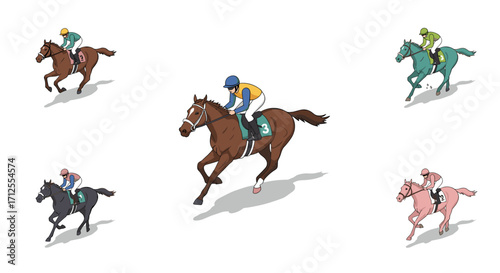 Five jockeys racing horses in dynamic pose on white background
