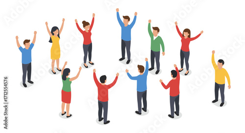 Enthusiastic group of people celebrating together in isometric style