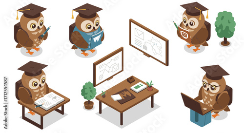 Wise owls engaged in academic activities in isometric style