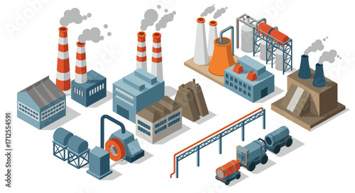 Industrial factory buildings and equipment in isometric style