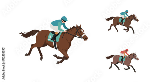 Horse racing action with jockeys in dynamic flat art style