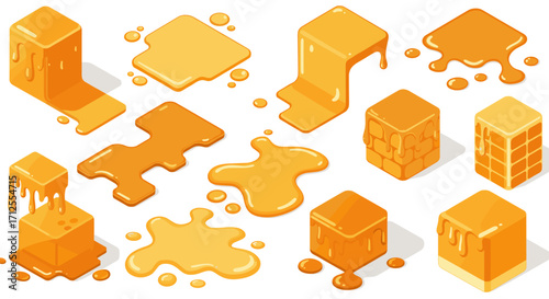 Isometric honey drips and splashes over geometric shapes in orange hues